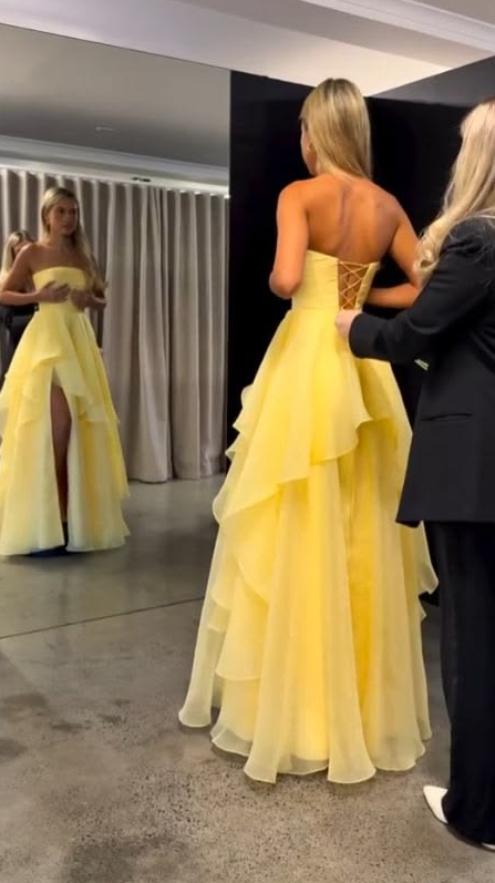 Pleated High-slit Corset Prom Gown , Yellow Vibrant Women's Maxi Evening Dress Birthday Dress RS2588