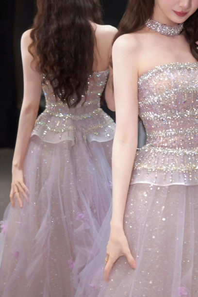 Sweet Lavender Beaded A-Line Strapless Bodycon Maxi Prom Dress Evening Dress RS413