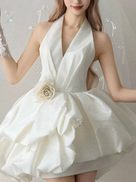 Elegant White A-Line Halter Satin Mini Evening Dress Homecoming Dress RS392