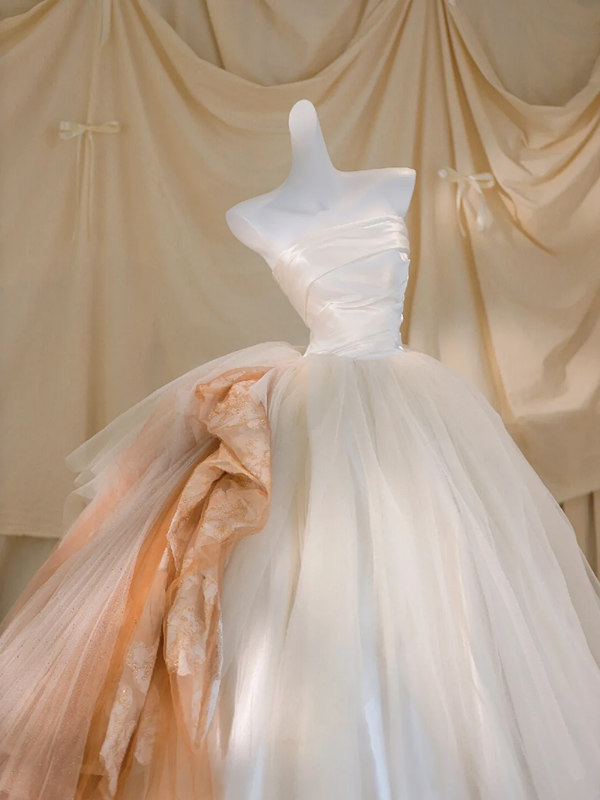 White tube top waist slim stitching yellow puffy skirt long dress bridal dress R5836