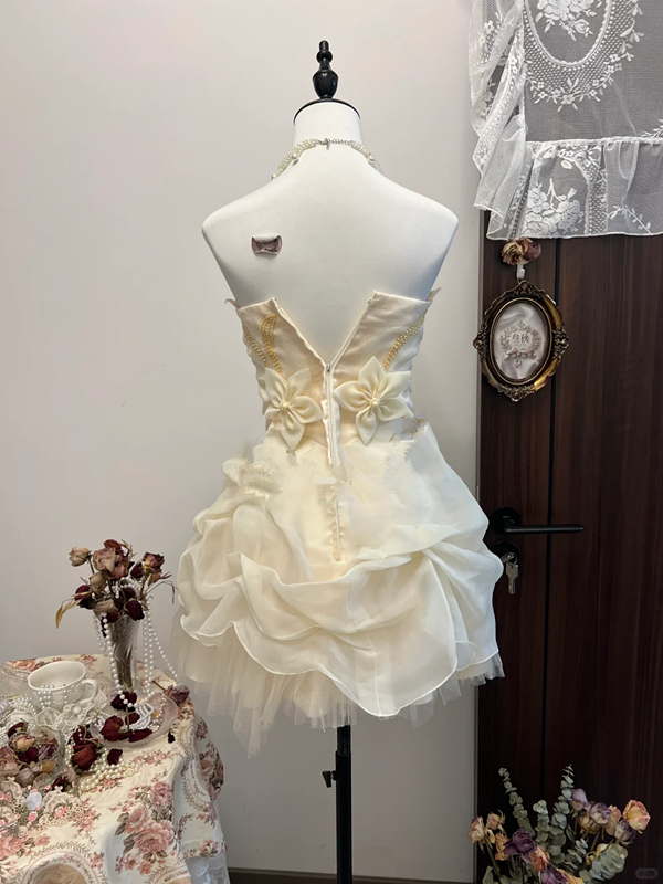 Apricot tube top three-dimensional flower waist slimming fairy beautiful short skirt homecoming dress R4292