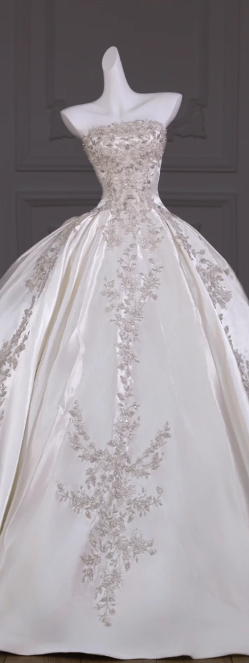 White tube top diamond embroidery waist slim fit puffy skirt long dress bridal dress R5761