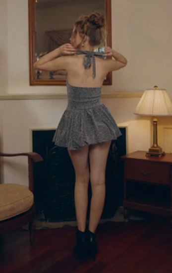 Gray halter neck slim waist A-line short skirt homecoming dress R4574