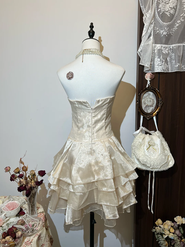 Champagne Colored Strapless Waisted A-Line Satin Layered Skirt Homecoming Dress R4250