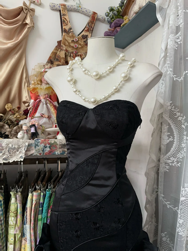 Black strapless, fitted satin tiered maxi dress, ball gown R6314