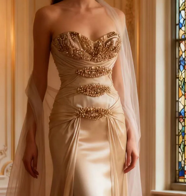 Champagne-colored halter-neck rhinestone-embellished fitted bodycon long ball gown R6714