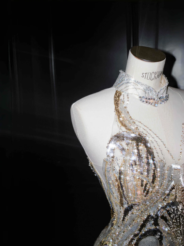 Spliced color one-shoulder sexy sequined waist slim long skirt, prom dress R5679