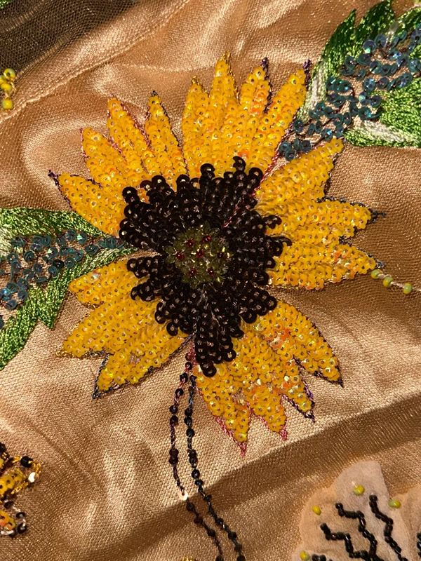 Gold sleeveless fitted sunflower floral long ball gown R6913