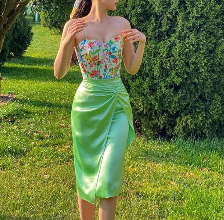 Floral tube top stitching green hip skirt homecoming dress R3470