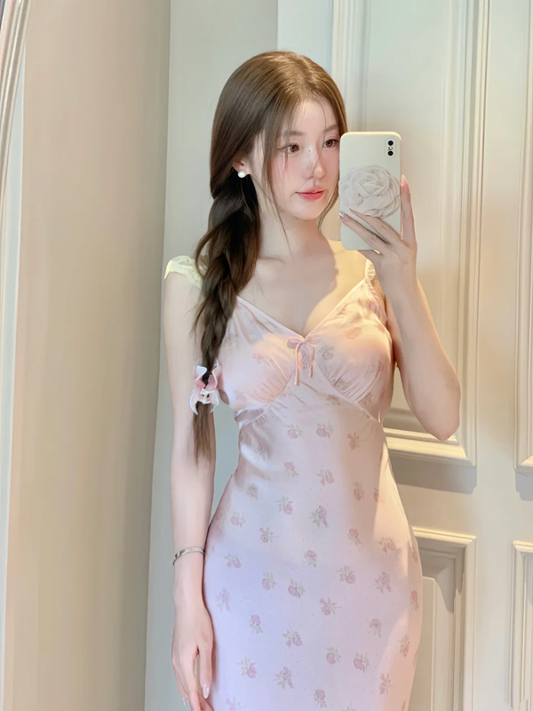 Pink suspender low-cut waist slim hip fishtail skirt R5030