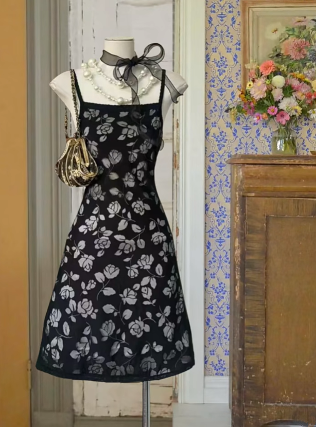 Black vintage floral print backless fitted A-line mini dress, prom dress R6248