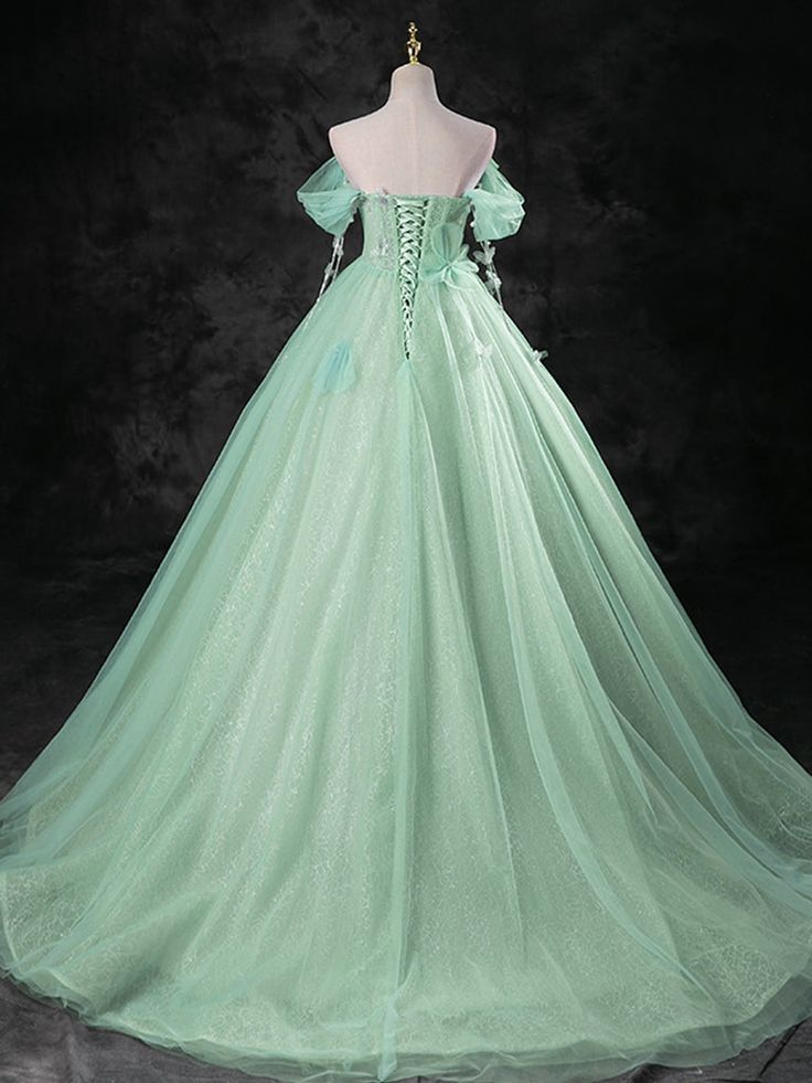 Green A-Line Off Shoulder Tulle Long Prom Dress, Green Long Formal Dress S5391
