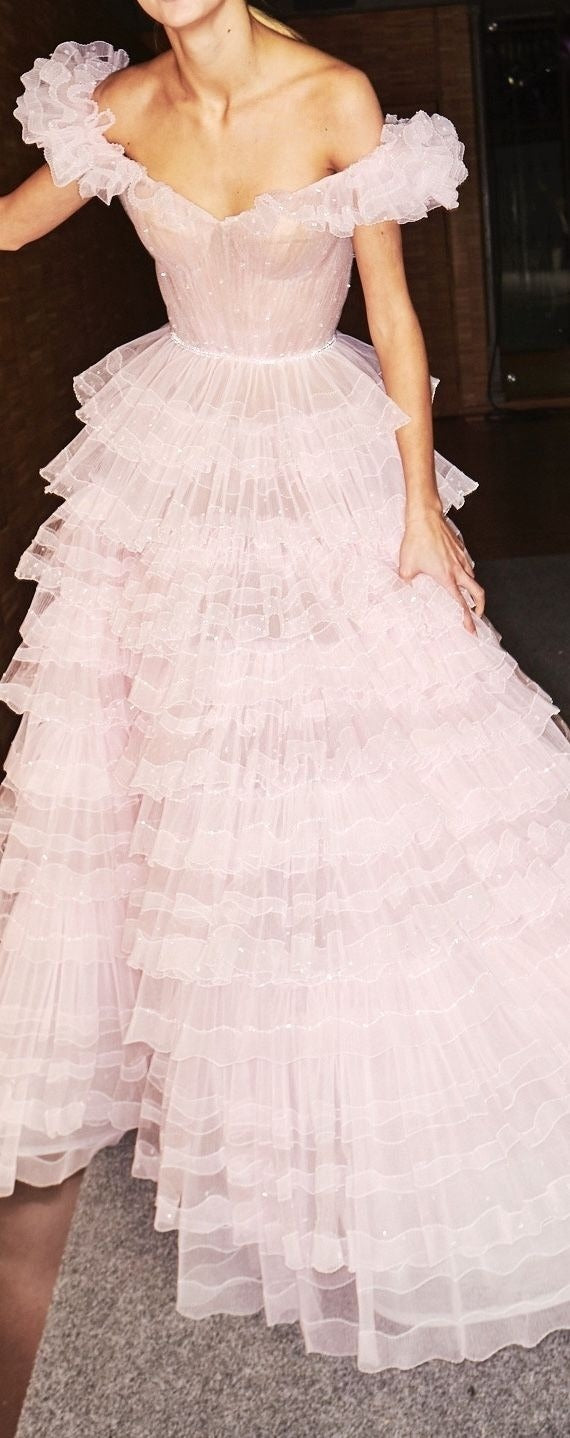 Princess A-Line Off the Shoulder Pink Tulle Prom Evening Dresses S7112