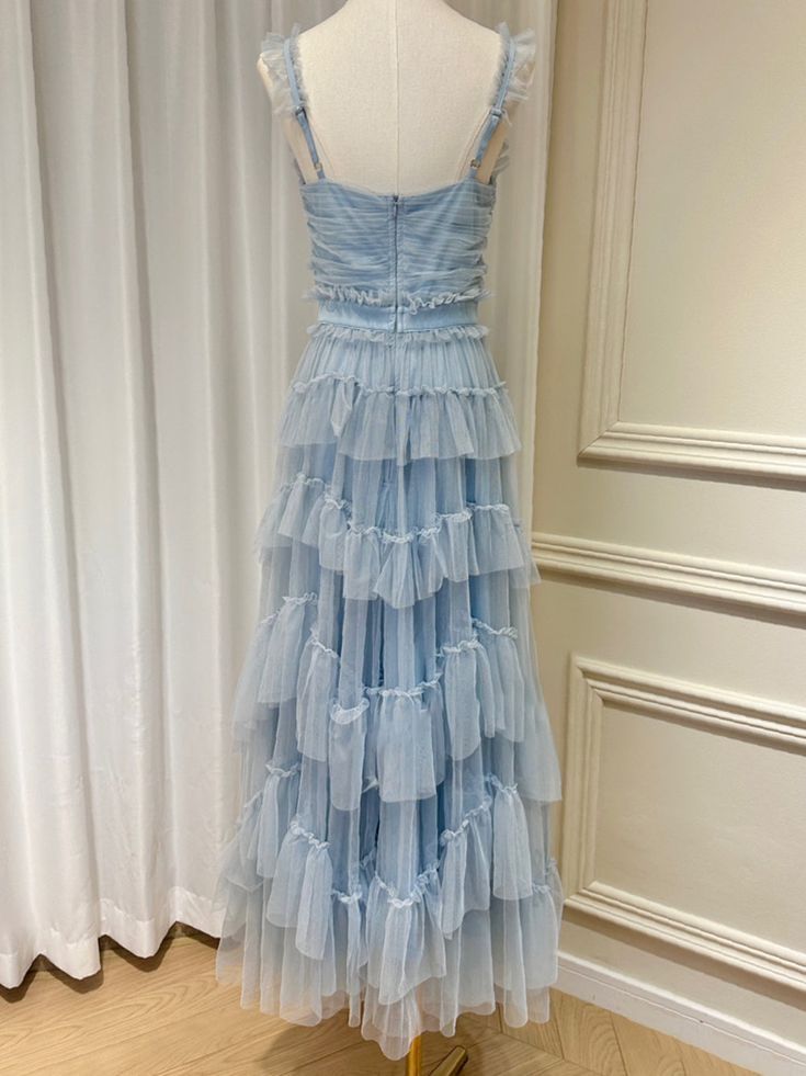 Sweet Light Blue Tulle Prom Dresses,Ruffles Pleated Baby Blue Evening Formal Gown S2975