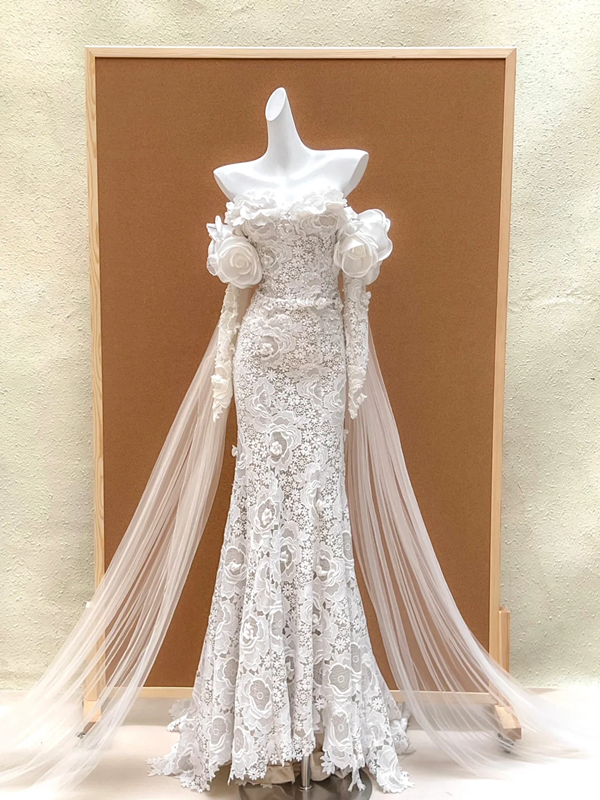 White lace one-shoulder lace waist slim hip long dress bridal dress R5734