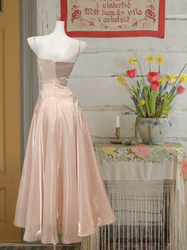 Light pink satin suspender waist slim fit A-line maxi ball gown R6066