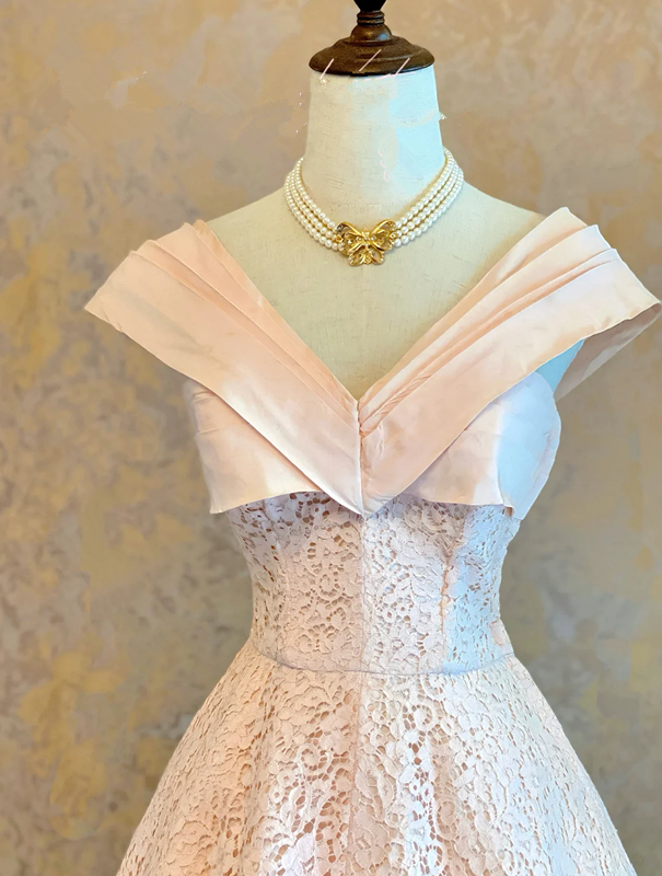 Pink V-neck fitted lace A-line ball gown, bridal dress R7239