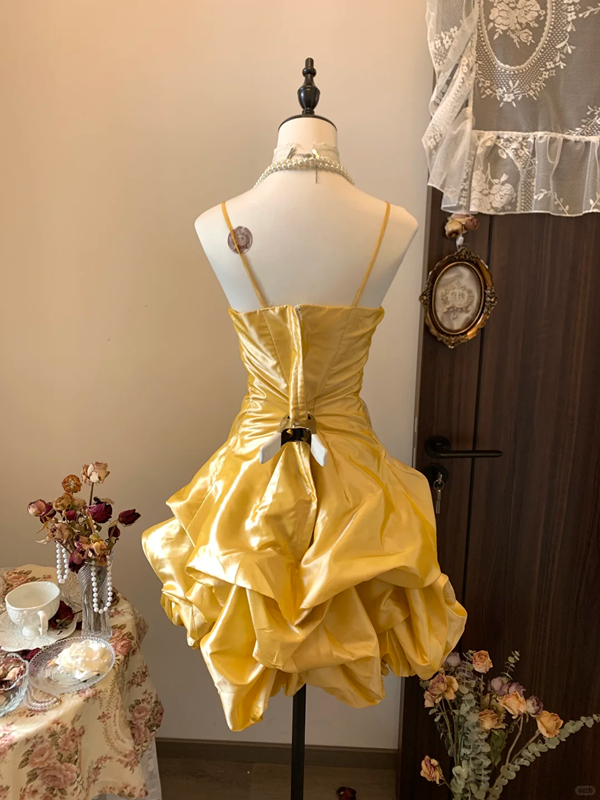 Gold strap waist bow satin bud skirt short skirt homecoming dress R4265
