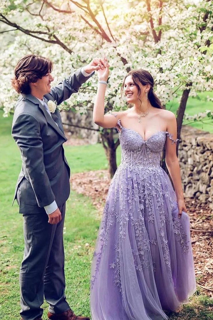 Lace Tulle Long Prom Dresses Off-the-Shoulder A-Line Formal Gown S5305