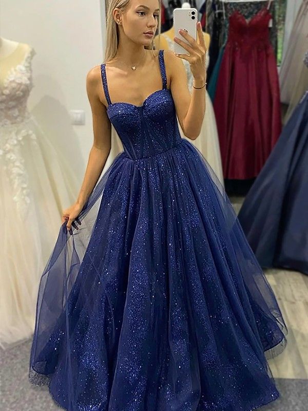 Blue Tulle Appliques Long Prom Dresses, A-Line Strapless Evening Dresses S2224