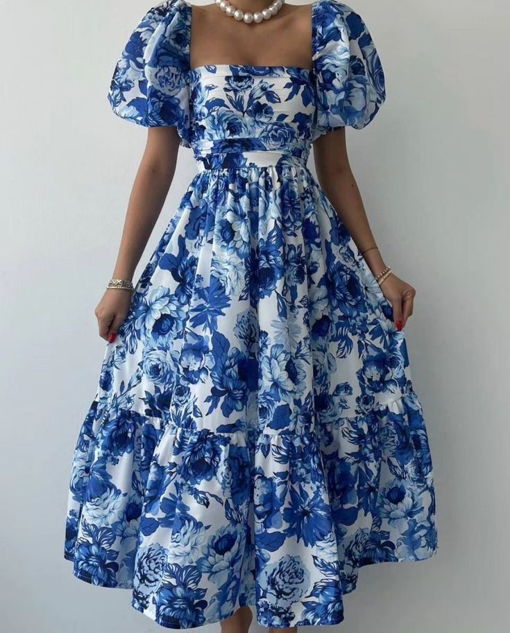 A Line Puff Sleeves Blue Floral Midi Evening Dress Prom Dress S7044