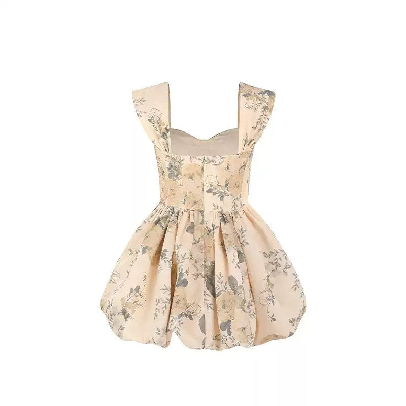 Beige Floral Print Corset Dress with Off-Shoulder Straps and Back Zipper R9185