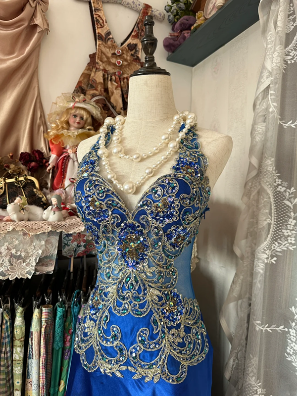 Blue halter-neck sequined fitted sexy fishtail gown, ball gown R6287