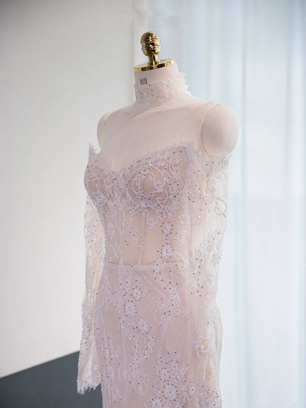 Light pink off-the-shoulder fitted long ball gown, bridal dress R8973