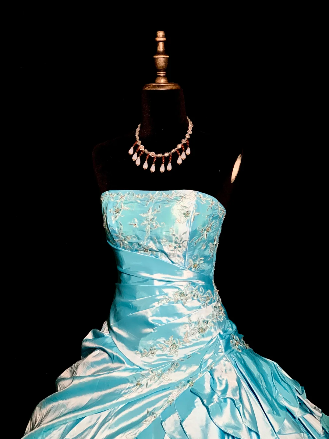 Light blue strapless, fitted waist, full skirt, long princess ball gown R8670