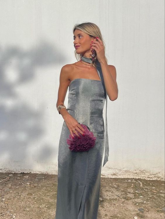 Gray Strapsless Long Prom Evening Dress S5313