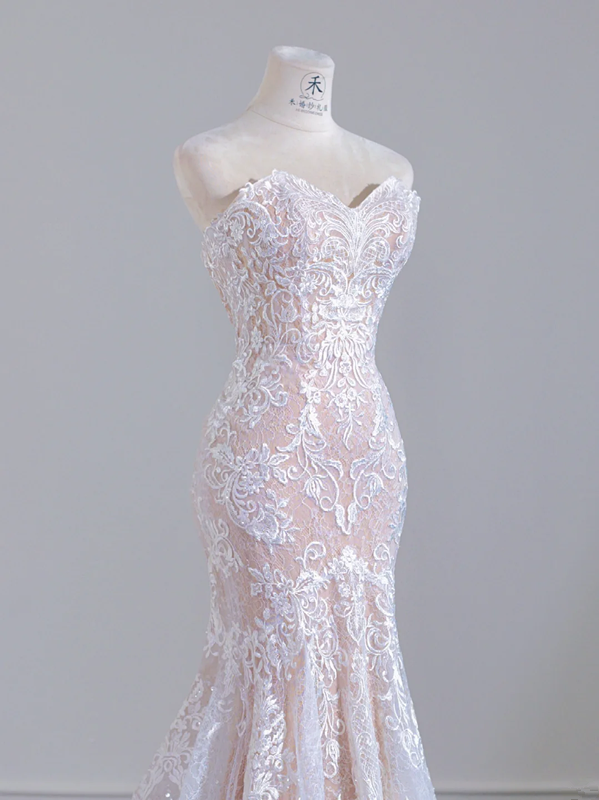 Light pink strapless fitted waist bodycon long lace ball gown/bridal dress R8247