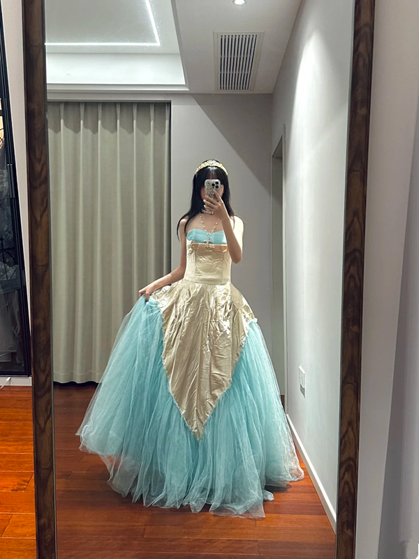 Champagne-colored strapless, fitted, long ball gown with a lake blue skirt R8853