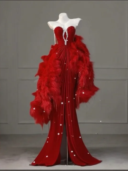 Red Strapless Fitted-Waist Sequin Ruched Sexy Prom Dress R6487