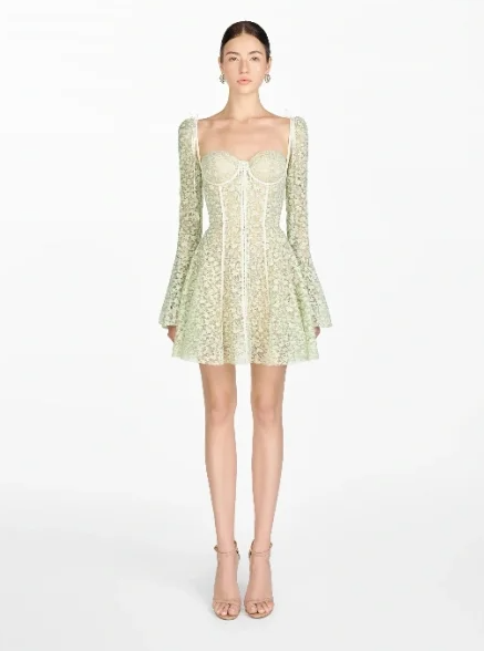 Light green floral long sleeve slim waist A-line long skirt homecoming dress R4792