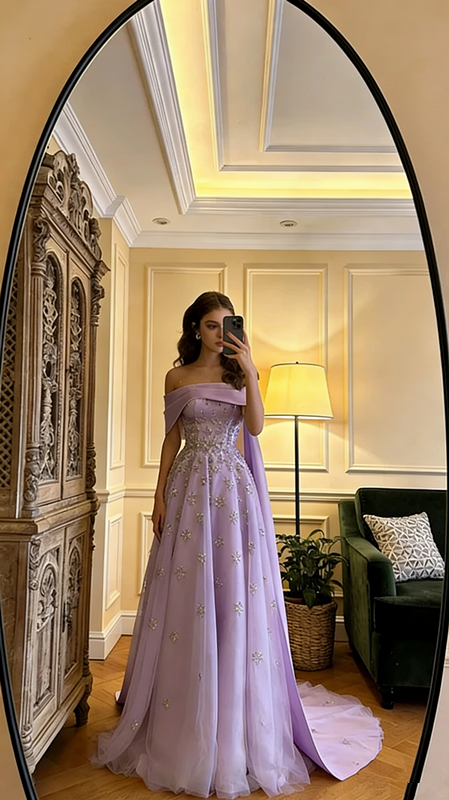 Light yellow off-the-shoulder fitted long ball gown, bridal dress R8598