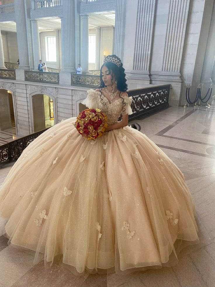 Champagne Quinceanera Off Shoulder Sweet 16 Applique Party Ball Gown S7228