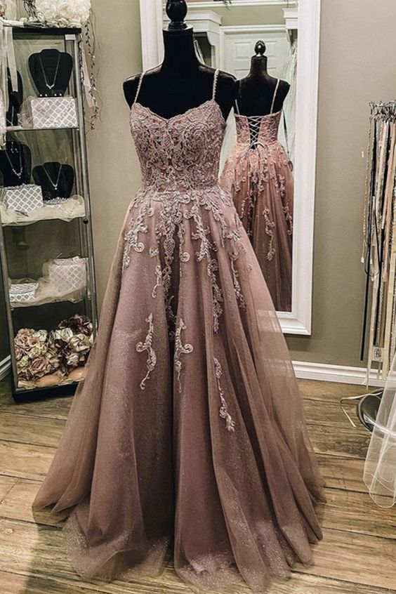 A Line Thin Strap Lace Long Prom Dress, Lace Formal Dress, Evening Dress S5370