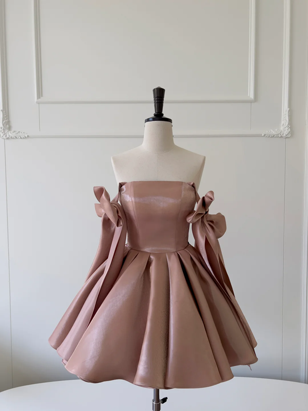 Champagne pink tube top suspender tie waist puffy princess skirt homecoming dress R5177