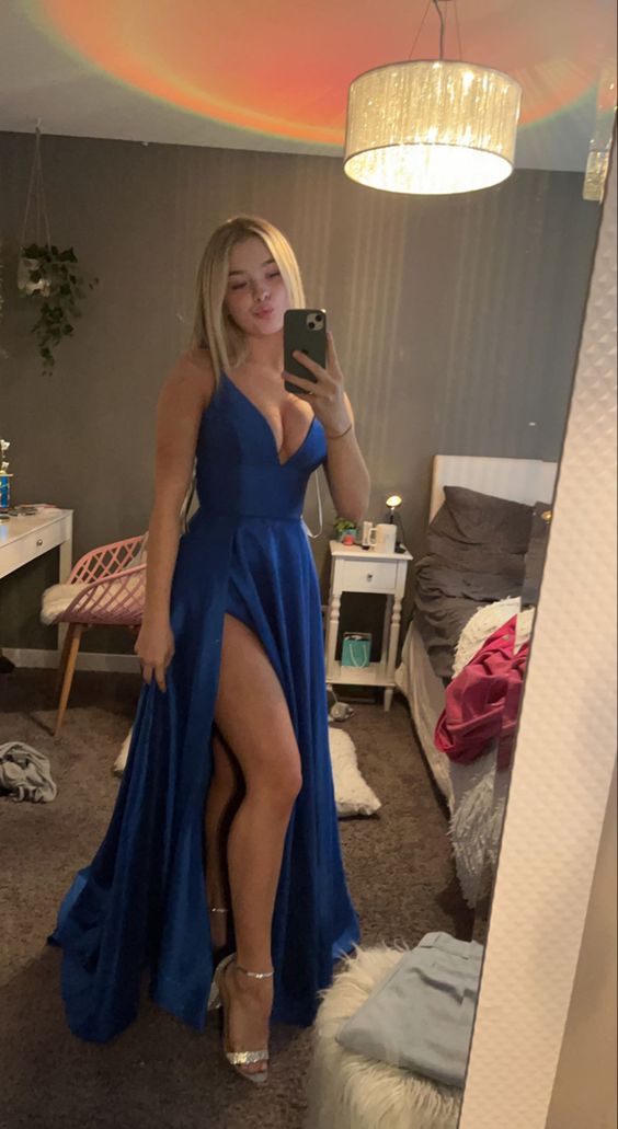 A-Line Spaghetti Straps V-Neck High Slit Party Prom Formal Evening Dress S5385