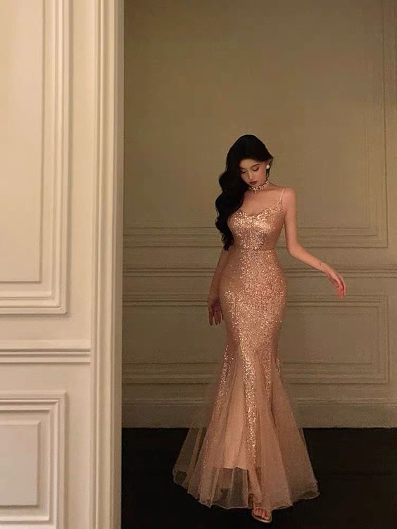 Rose Gold Sequin Mermaid Long Prom Dress Formal Evening Party Dress S5357