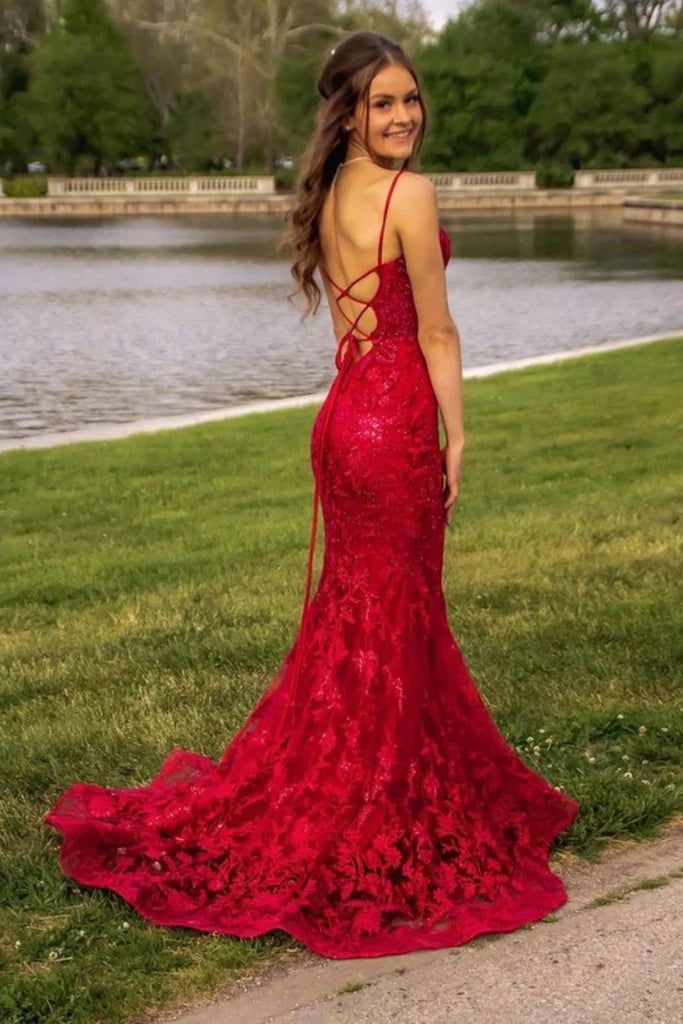 Burgundy Mermaid Lace Sequins Prom Dress S5059