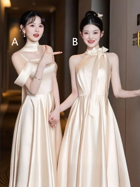 Champagne satin slim waist sexy elegant ball gown, bridesmaid dress R6109