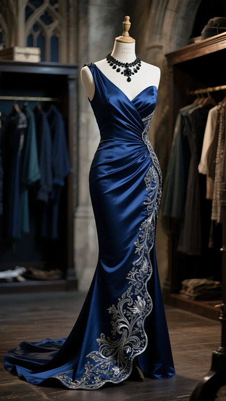 Dark blue slim-waist satin hip-length ball gown R6088
