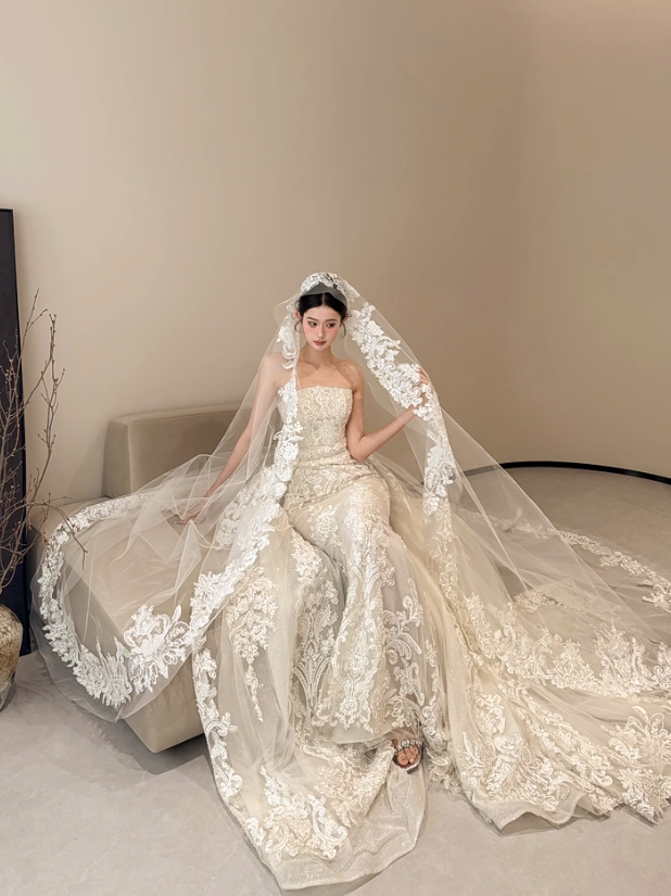 White strapless lace waist slim sexy fishtail long dress bridal gown R6028