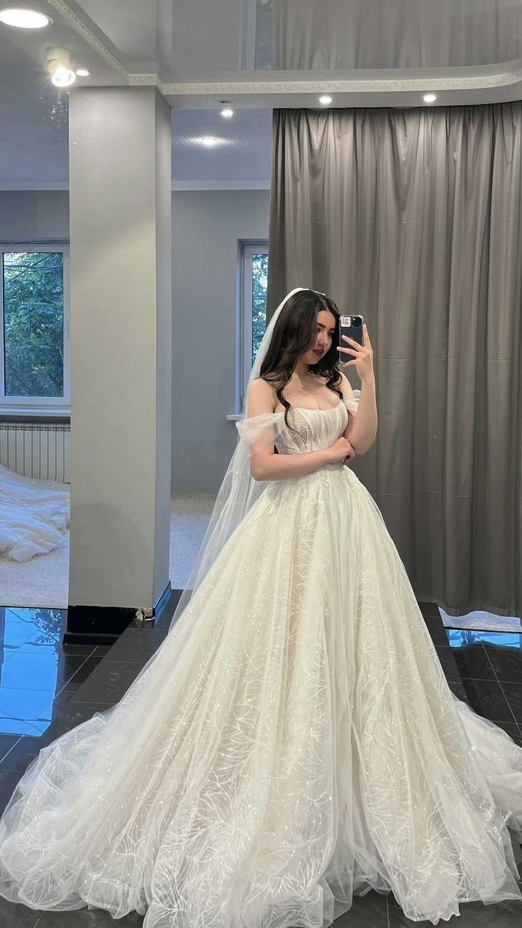 A Line Off Shoulder Tulle Wedding Dress Modest Princess Bridal Gown S7097