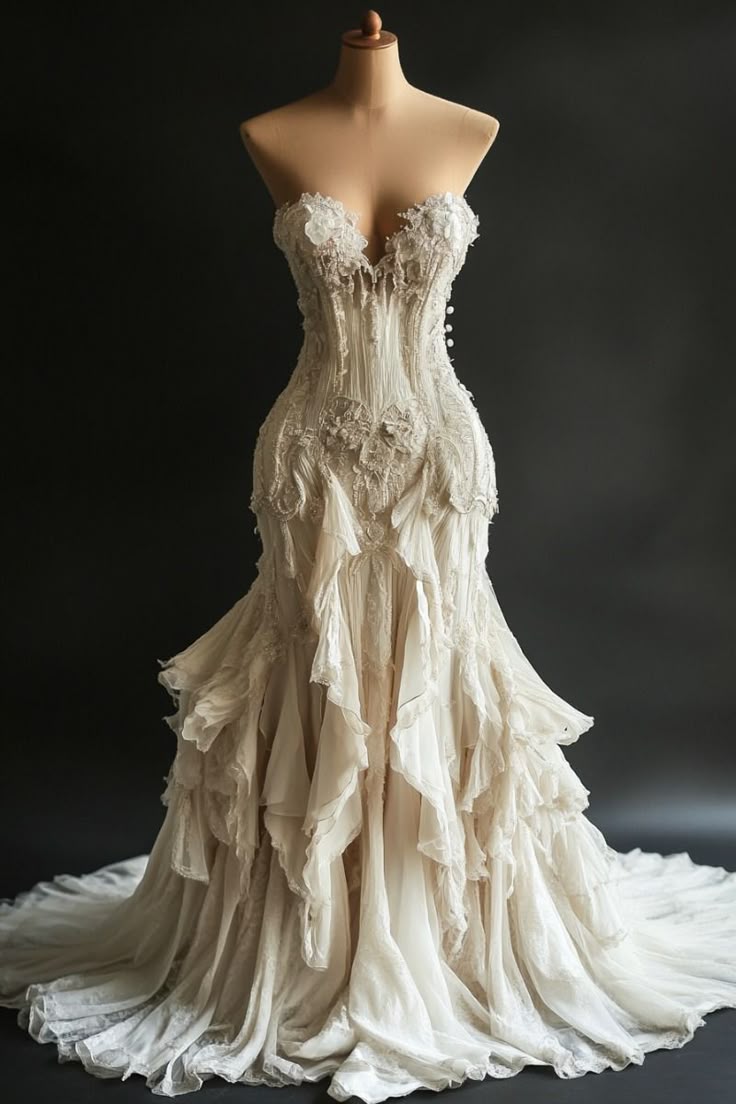 Glamorous Fall Wedding Dress Vintage Mermaid Strapless Ivory Tulle Long Dress S7113