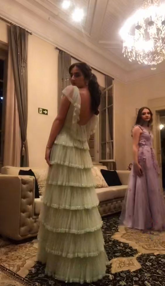 Sage Green A-Line Tiered Elegant Long Prom Dress S6966