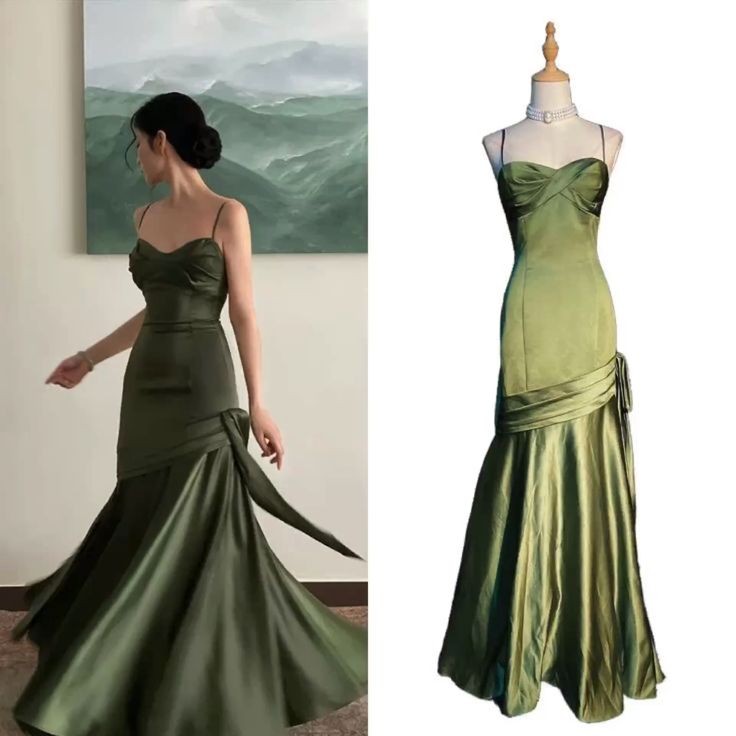 Sexy Mermaid Straps Green Party Dresses Satin Long Prom Dresses S5245