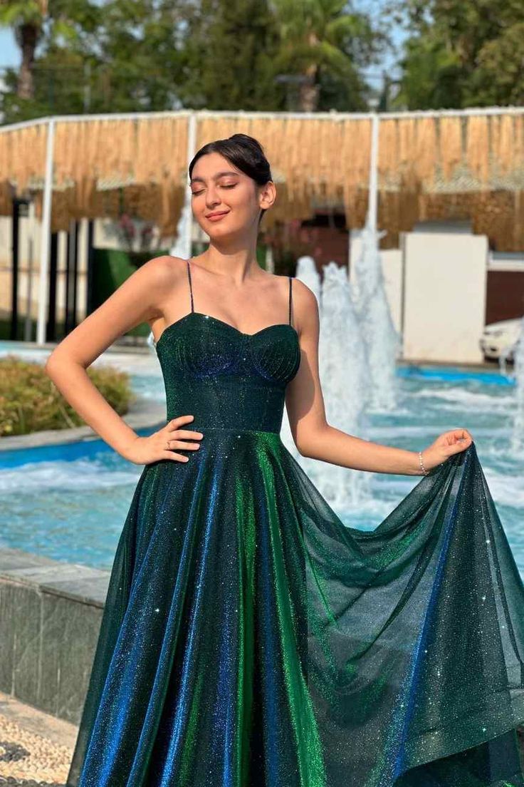 Elegant Spaghetti Straps A-line Tulle Long Prom Dresses S7148