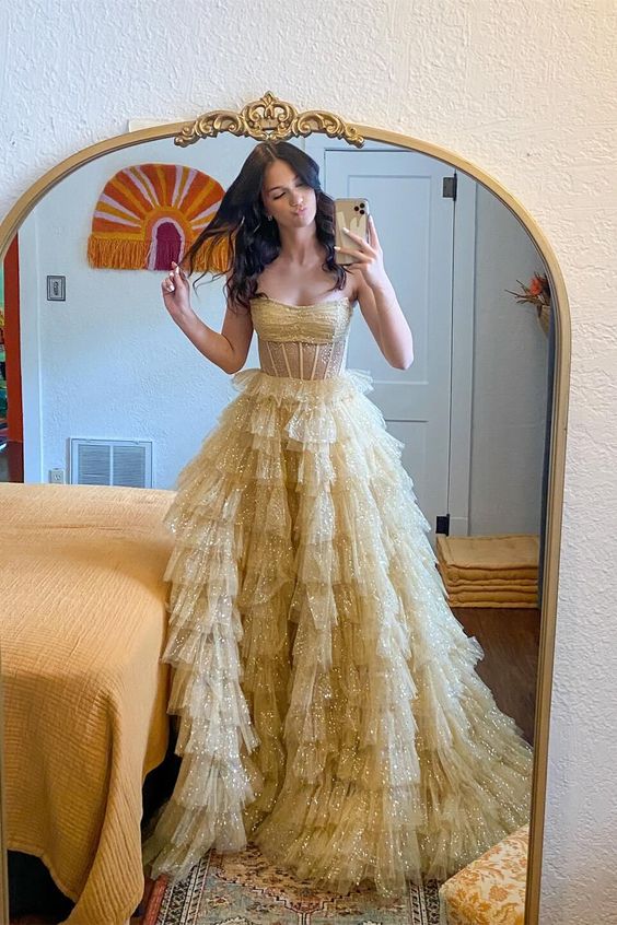 Strapless Ruched Tiered Long Formal Dress S5350